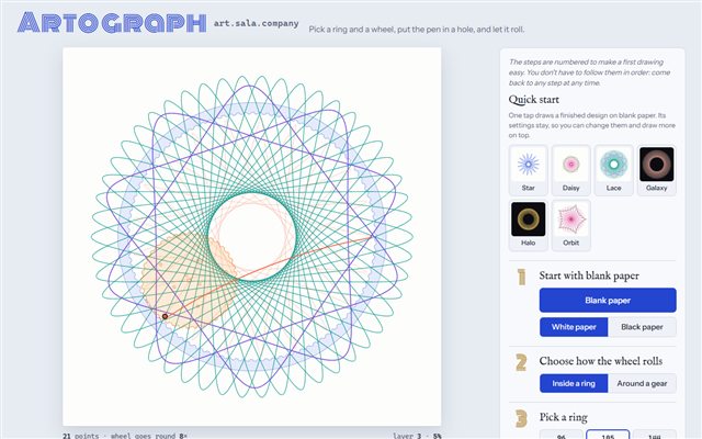 Artograph: a spirograph pattern of teal, violet and coral loops beside one-tap recipes and numbered steps for picking a ring and a wheel