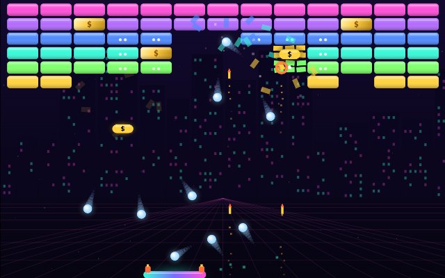 Breakout 2.0: neon bricks, gold bricks and several balls in play above a paddle firing rockets