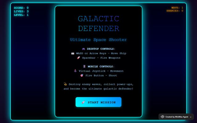 Galactic Defender: the neon start screen of the space shooter