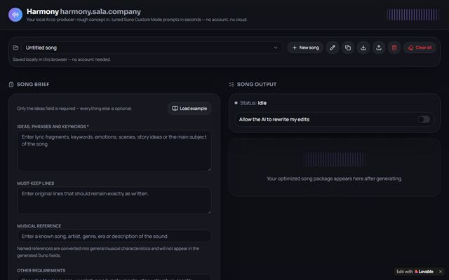 Harmony: the song idea form and generated prompt output