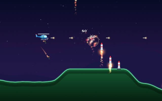 Heli Attack: a helicopter fires over green hills as missiles launch from a plateau
