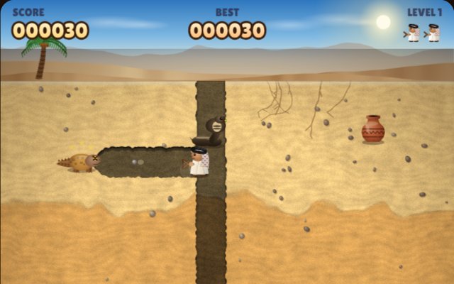 Sand Digger: a boy in a keffiyeh slings a pebble at a stunned lizard in a sand tunnel while a cobra rears up in the shaft