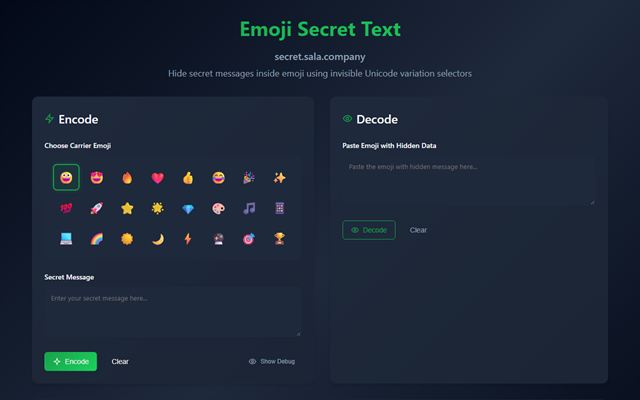 Secret Emoji Messenger: encode and decode panels with an emoji picker