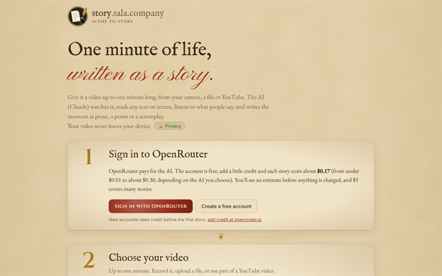 Scene to Story: a parchment page with a gold quill logo and the words One minute of life, written as a story