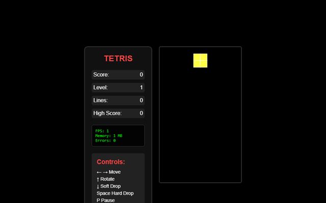 Tetris: the playing field with score, level and controls