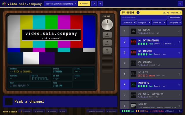 video.sala.company: a 70s wood-panel TV showing color bars and a VCR-style status display, beside a blue cable TV guide of numbered channels with signal bars