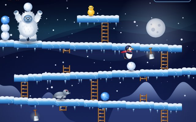 Yeti: a penguin jumps a snowball on icy ledges while a yeti throws snowballs from the top